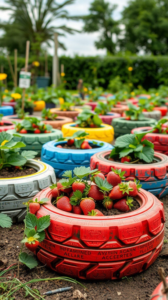 Colorful recycled tire planters filled with strawberry plants in a garden