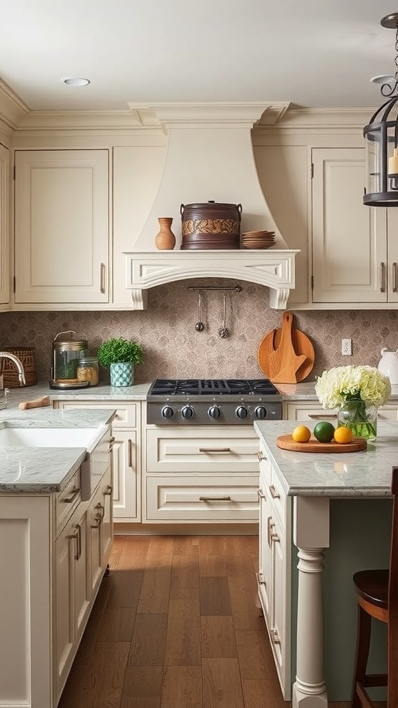 A refined country style kitchen with cream cabinetry, a modern stove, and rustic decor elements.