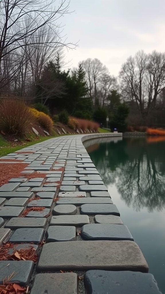 A stone pathway along a reflective pool, bordered by trees and shrubs.