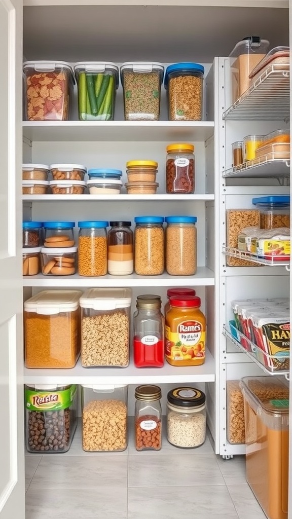 Organized pantry with clear containers filled with various food items.