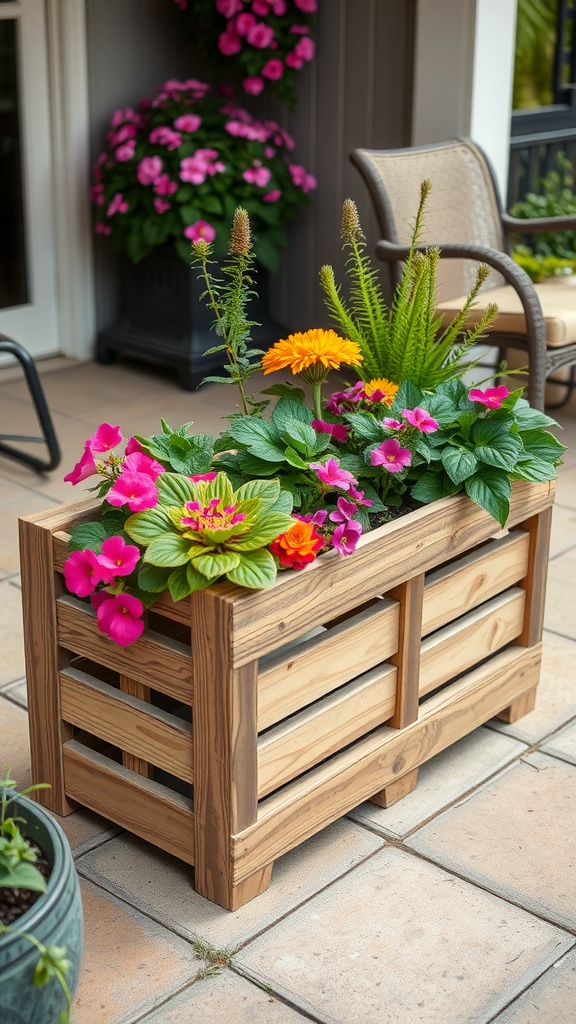 A wooden crate planter filled with colorful flowers, placed on a patio.