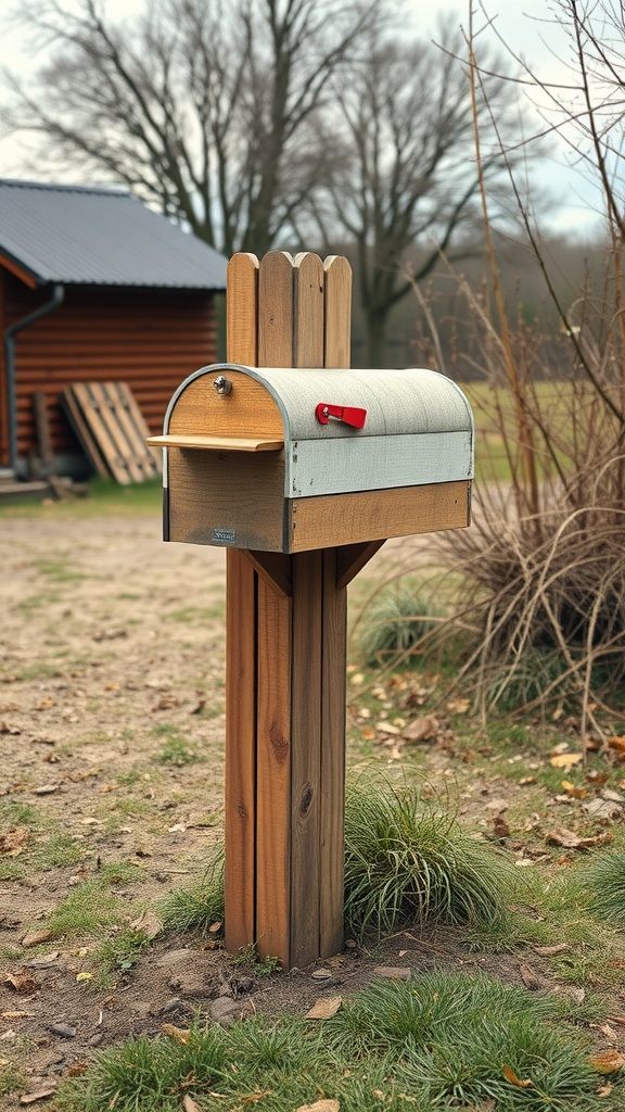 A rustic mailbox attached to a wooden post made from repurposed pallets.