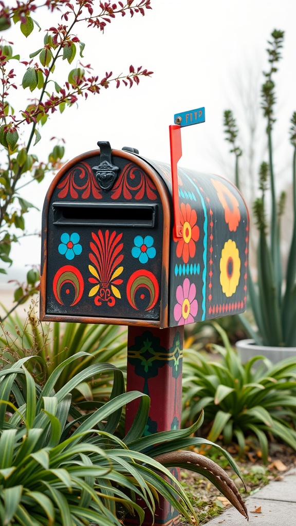 A colorful, retro-themed mailbox with floral patterns and geometric designs