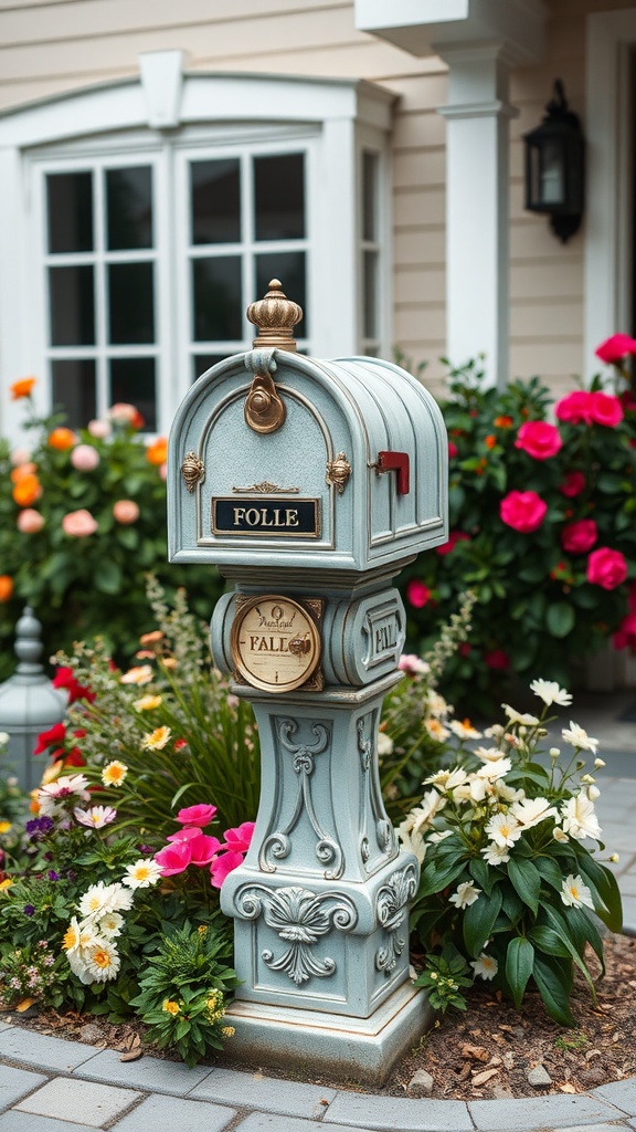 A decorative mailbox with flowers in a garden