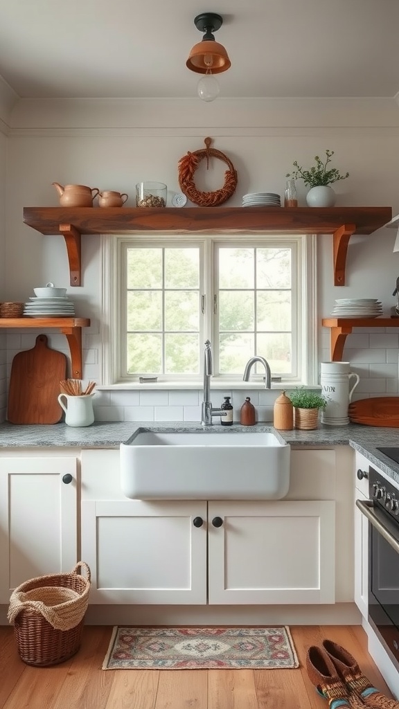 A kitchen sink area featuring a white farmhouse sink, granite countertop, wooden shelves, and cozy decor.