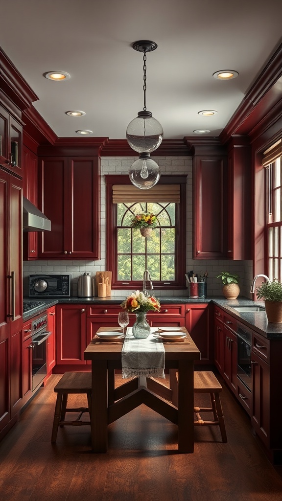 A kitchen featuring rich burgundy cabinets, a wooden table, and natural light.