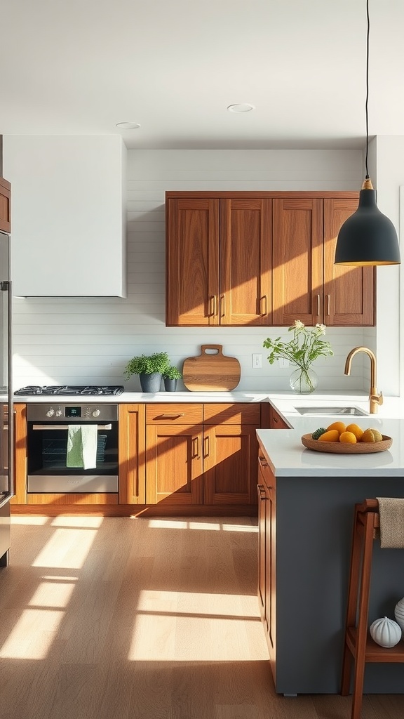 A modern kitchen featuring rich walnut cabinets and a light gray island, with natural light and decorative elements.