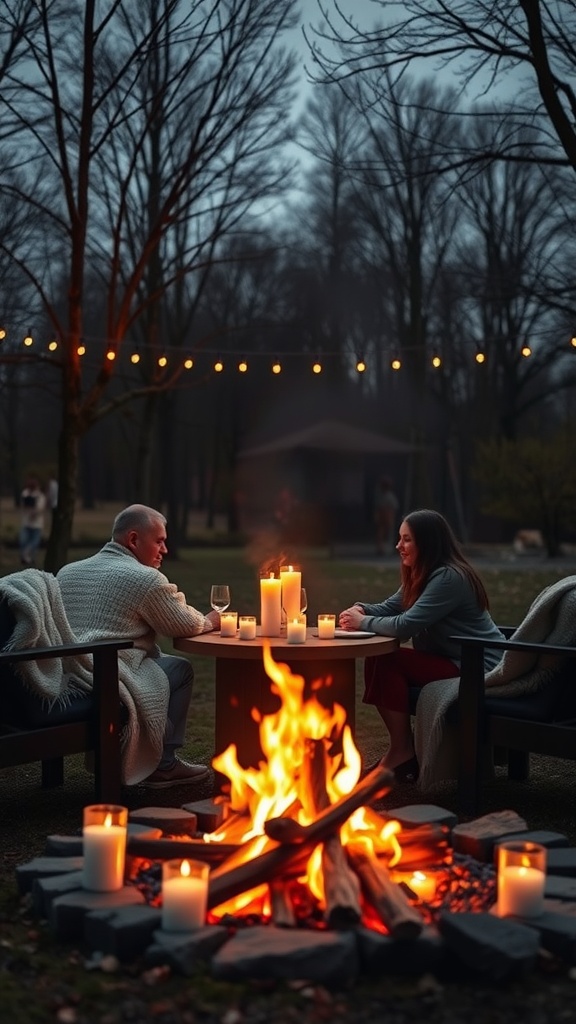 A couple enjoying a romantic evening by a fire pit, surrounded by candles and string lights.