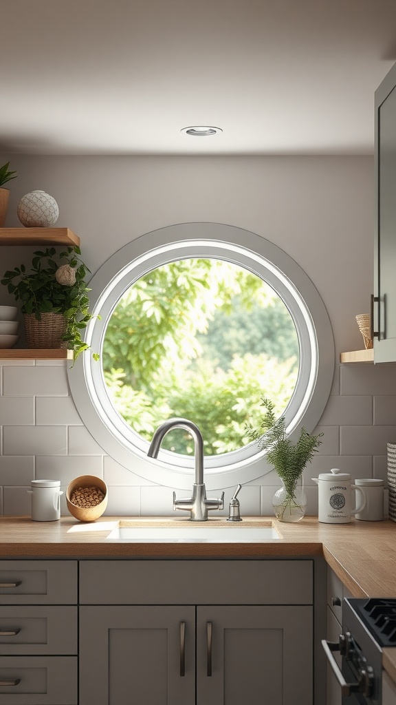 A kitchen featuring a round window above the sink, surrounded by plants and modern cabinetry.