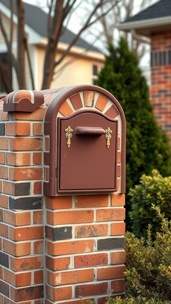 A brick mailbox with rounded edges, featuring a curved top and a warm color palette, surrounded by greenery.