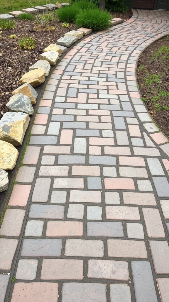 A rustic brick and stone walkway leading to a front door, featuring a mix of colors and a curved design.