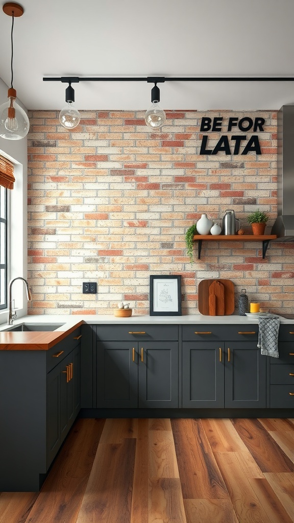 A kitchen with a rustic brick accent wall, dark cabinets, wooden countertops, and decorative items on shelves.