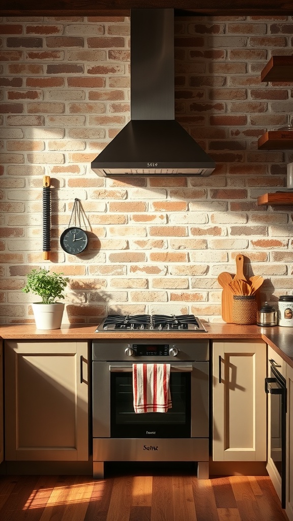 A kitchen featuring a rustic brick tile backsplash with modern appliances and wooden accents.