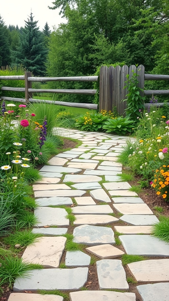 A flagstone walkway surrounded by flowers and a wooden fence in a rustic setting.