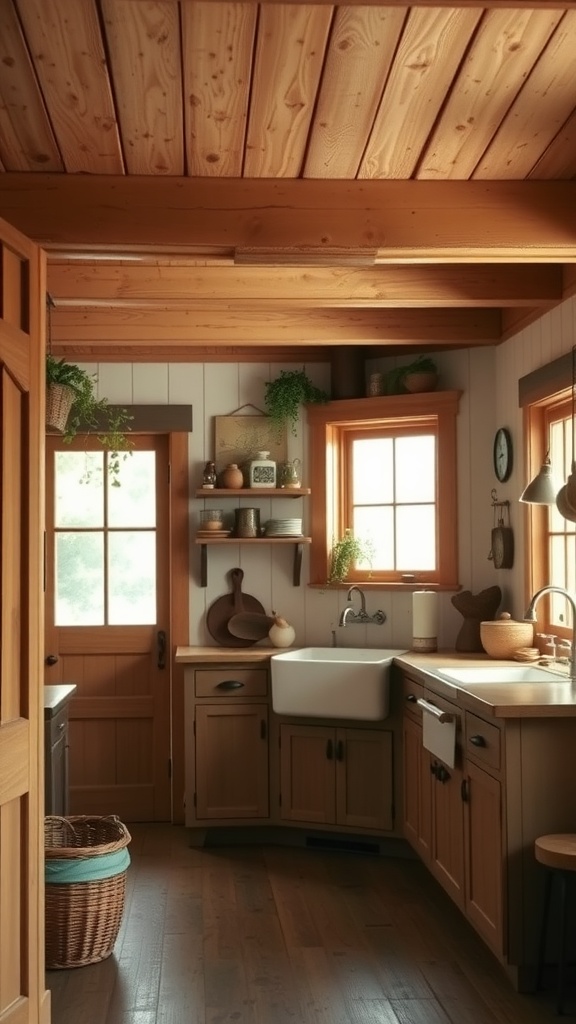 A cozy rustic farmhouse kitchen with wooden beams, a farmhouse sink, and natural light.