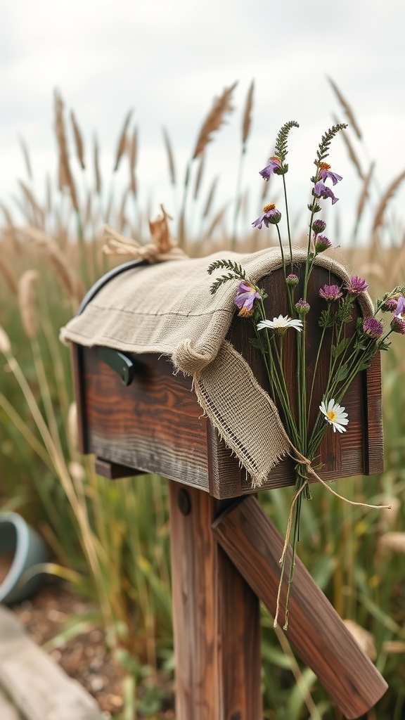 A rustic mailbox decorated with burlap and wildflowers, set against a background of tall grasses.