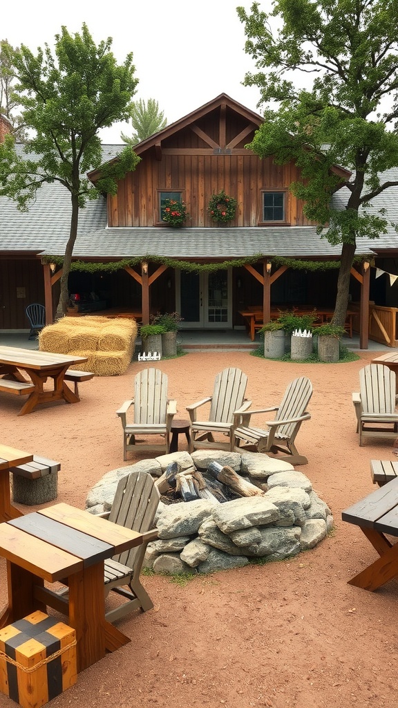 A rustic farmhouse fire pit setting with wooden furniture and a stone fire pit surrounded by trees.