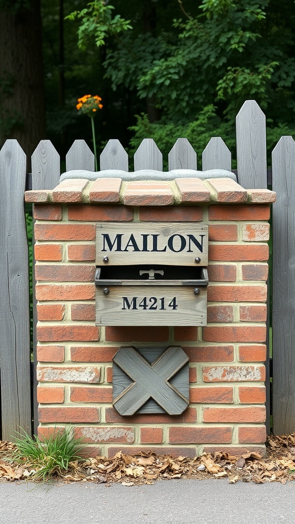 A rustic brick mailbox with a wooden mailbox on top, set against a backdrop of greenery.