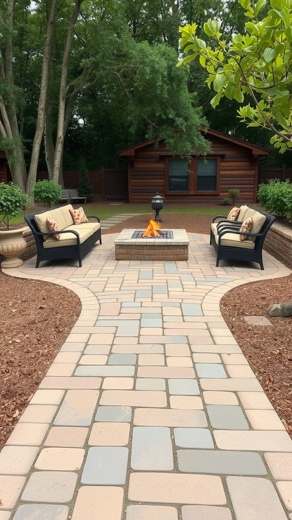 Rustic fire pit surrounded by a flagstone walkway and outdoor seating