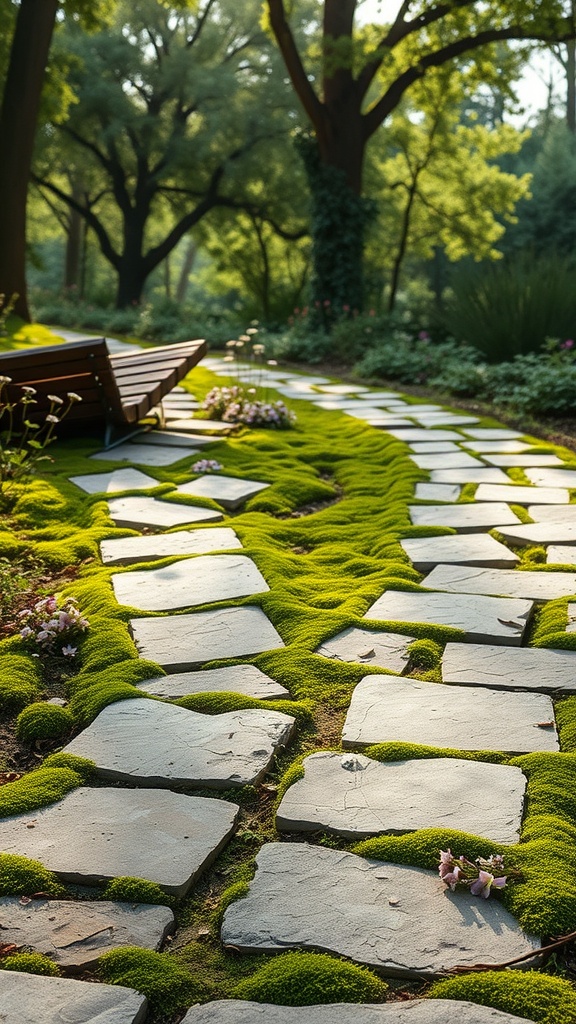 A rustic flagstone walkway surrounded by lush greenery and moss accents