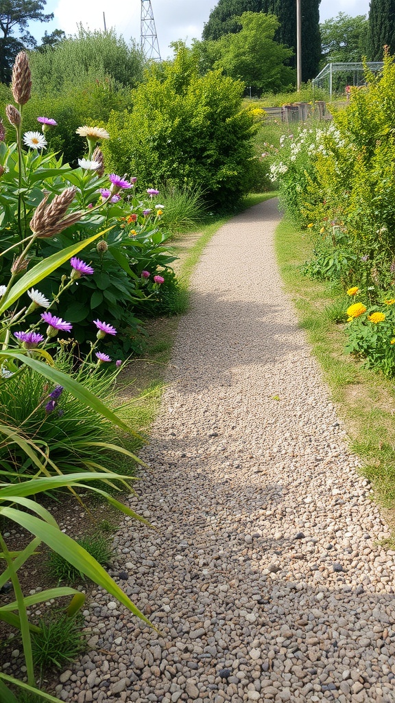 A rustic gravel stone pathway surrounded by colorful flowers and greenery, leading into a garden.