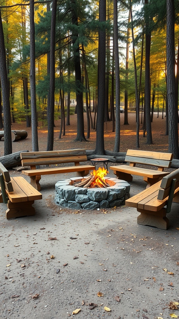 A cozy fire pit surrounded by rustic log benches, set in a forested area.