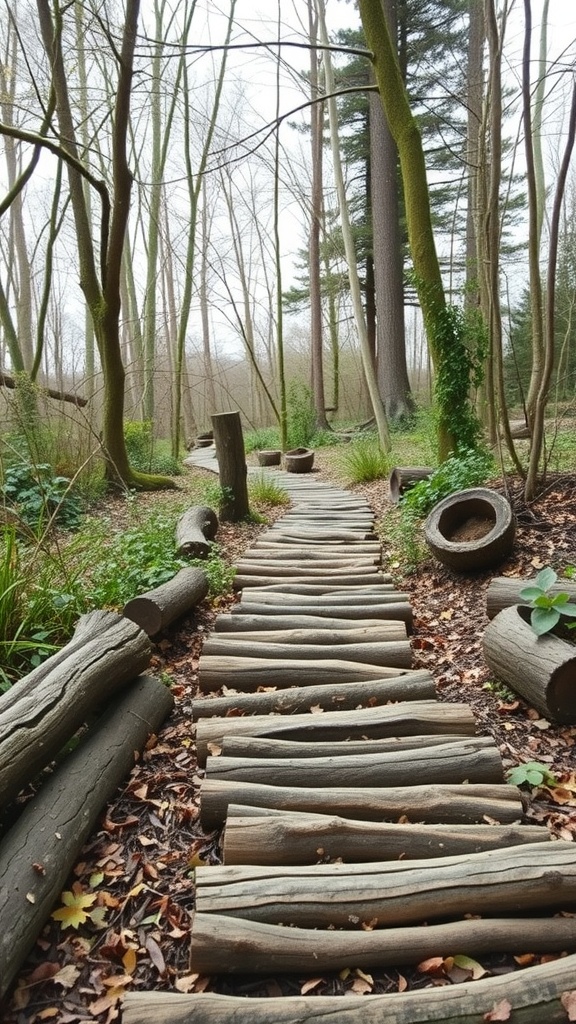 A rustic log path winding through a wooded area, surrounded by trees and greenery.