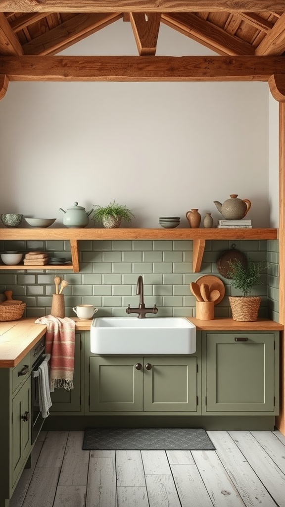 A rustic kitchen featuring olive green cabinets, wooden shelving, and a farmhouse sink.