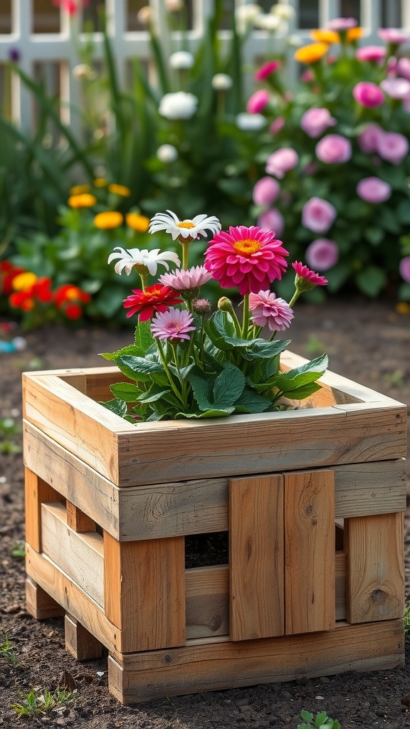 A rustic wooden planter box filled with colorful flowers in a garden setting.