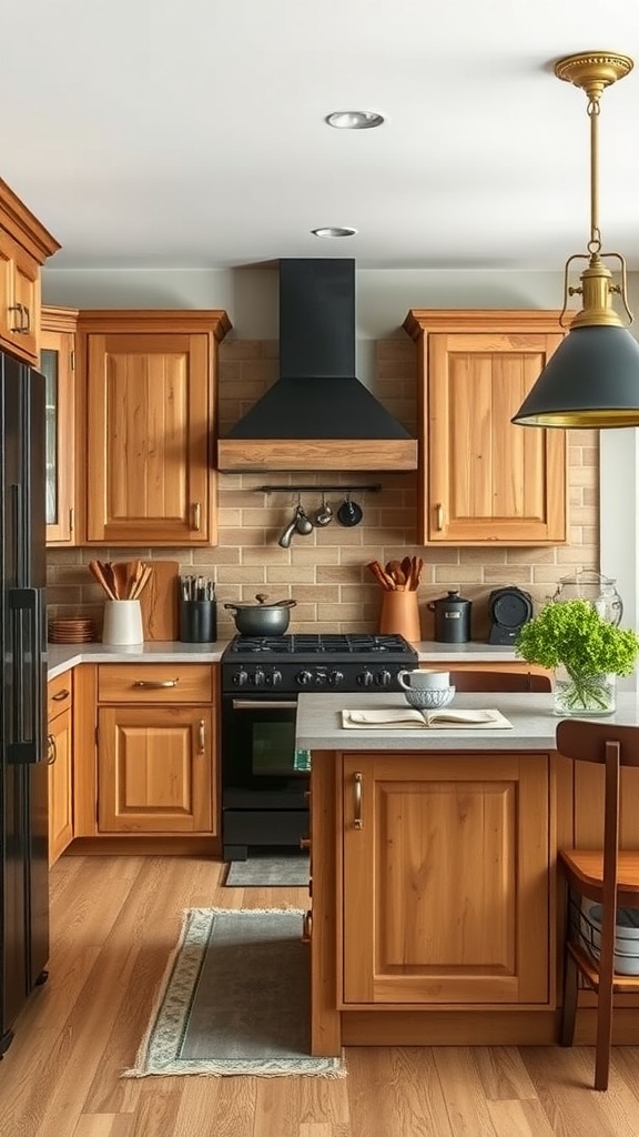 A cozy kitchen featuring rustic pine cabinets and charcoal accents, showcasing a blend of warmth and modern sophistication.