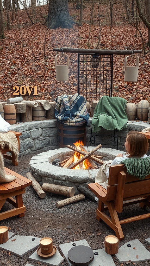 Rustic stone fire pit surrounded by wooden chairs and cozy blankets in a forest setting