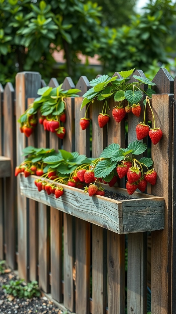 A rustic wooden fence planter filled with ripe strawberries and green leaves, showcasing a charming gardening setup.