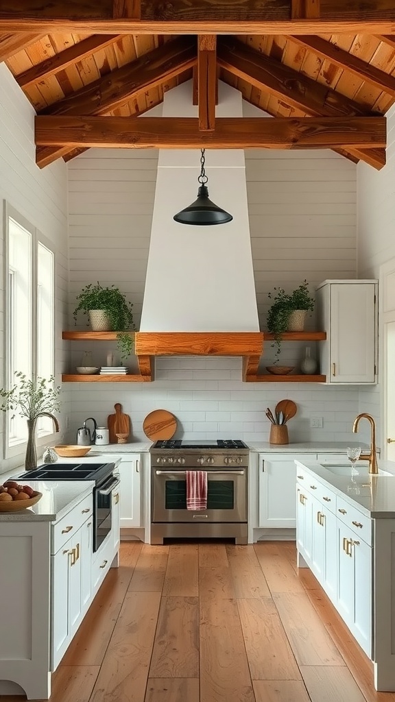 A rustic white kitchen featuring reclaimed wood beams, shelves, and modern appliances.