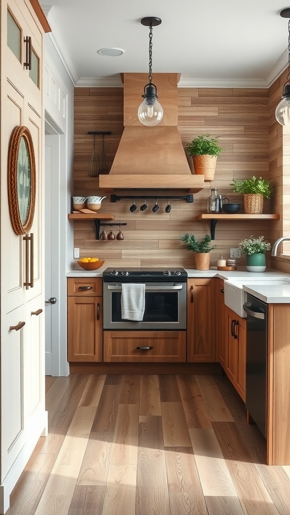 A cozy kitchen featuring rustic wood-look tiles, warm wooden cabinetry, and natural decorative elements.