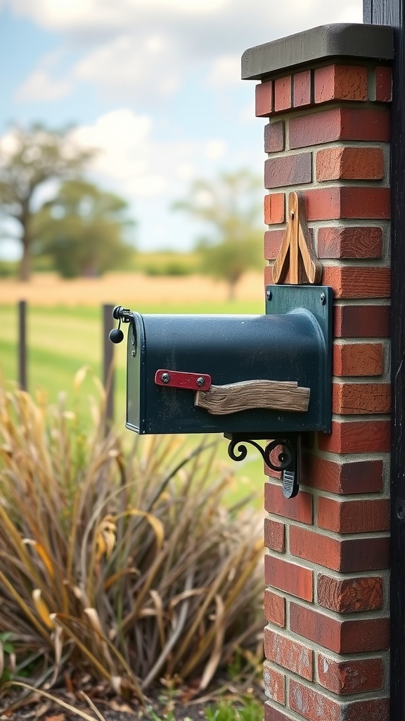 A brick mailbox featuring rustic wood accents, showcasing a blend of materials in a countryside setting.