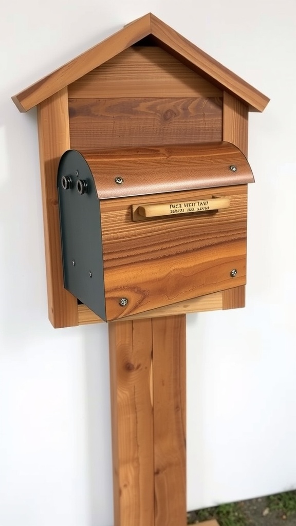 A rustic mailbox made of wood and metal, featuring a wooden structure with a slanted roof and a black metal front.