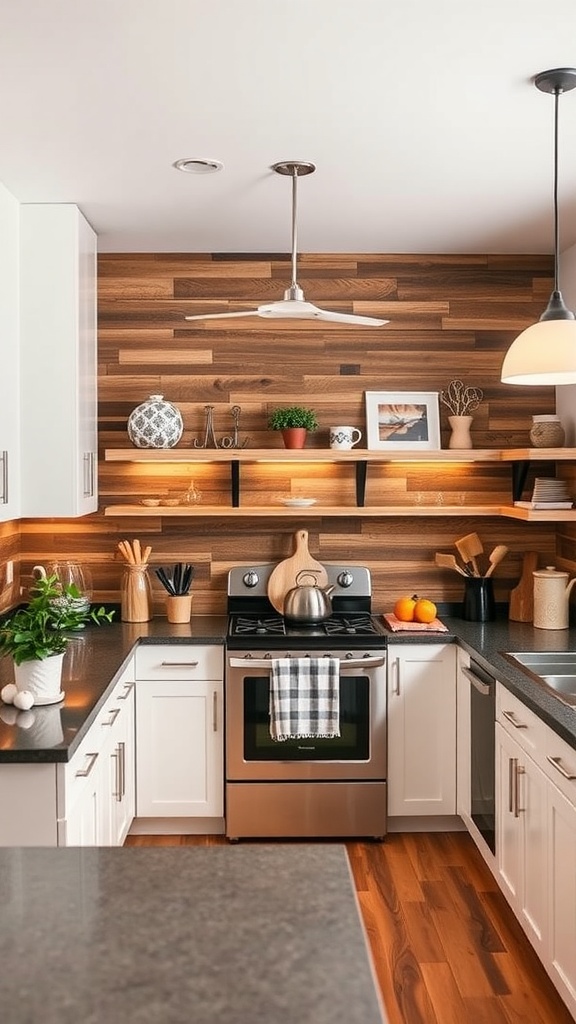 Kitchen featuring a rustic wood plank accent wall with white cabinets and modern decor