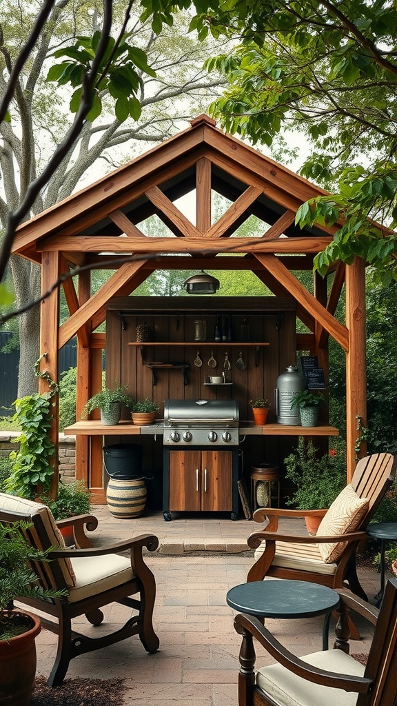 A rustic wooden grill gazebo with a grill, shelves, and comfortable seating surrounded by plants.