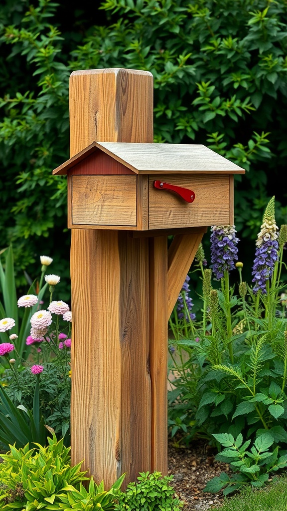 Rustic wooden mailbox post with a charming mailbox and colorful flowers around it