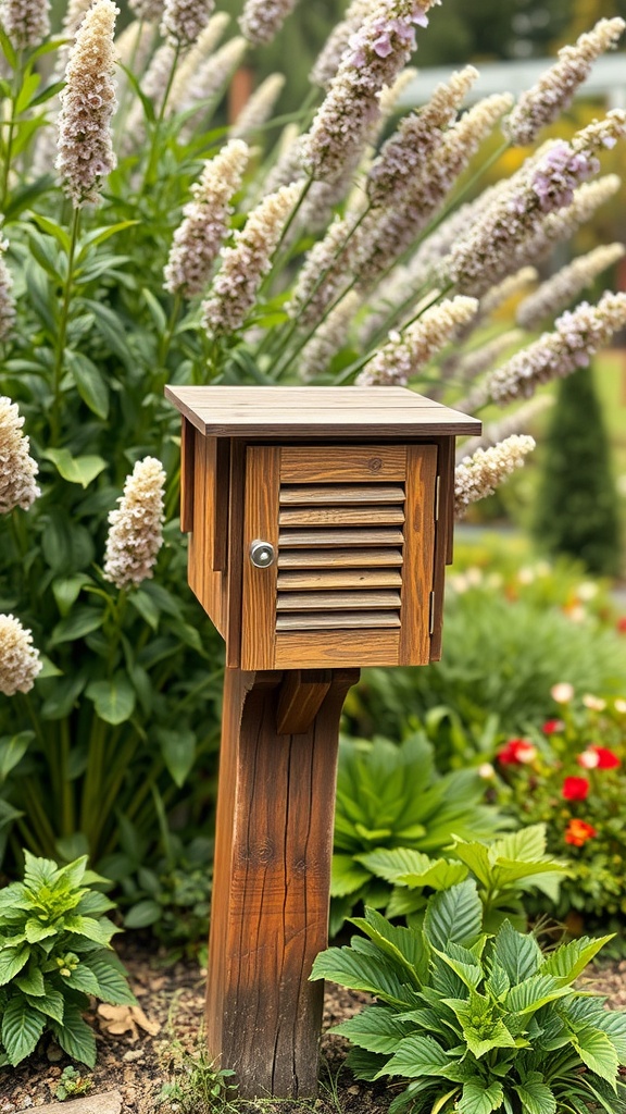 A rustic wooden mailbox with shutters surrounded by lush flowers and greenery.