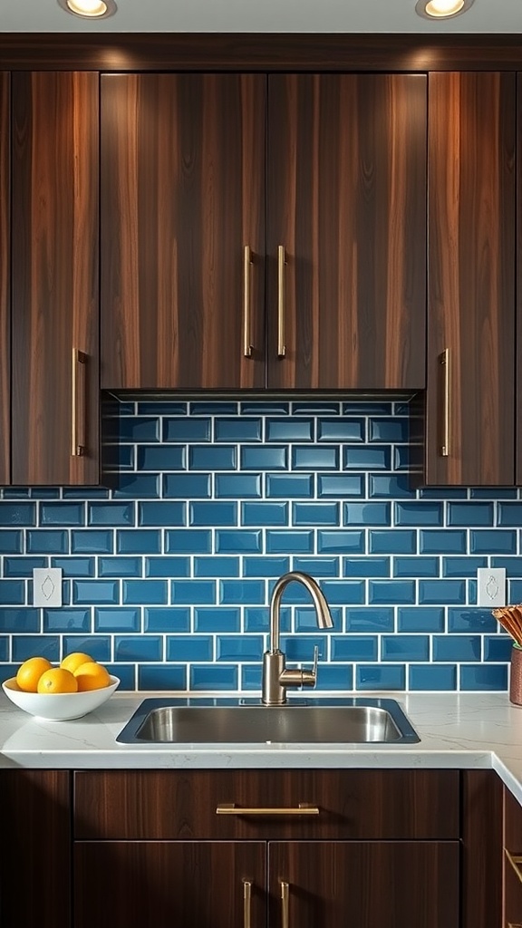 A kitchen featuring sapphire blue subway tiles as a backsplash, dark cabinets, and a stainless steel sink.