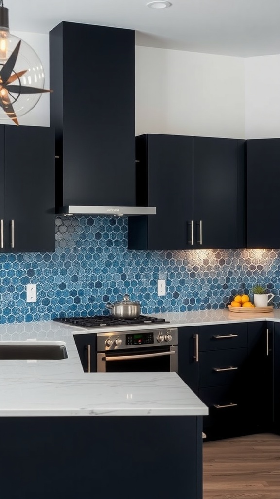 A modern kitchen with a sapphire patterned backsplash and dark cabinets, featuring a gas stove and marble countertops.