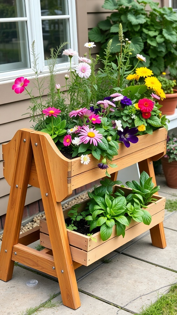 A wooden sawhorse planter stand with colorful flowers and leafy greens.