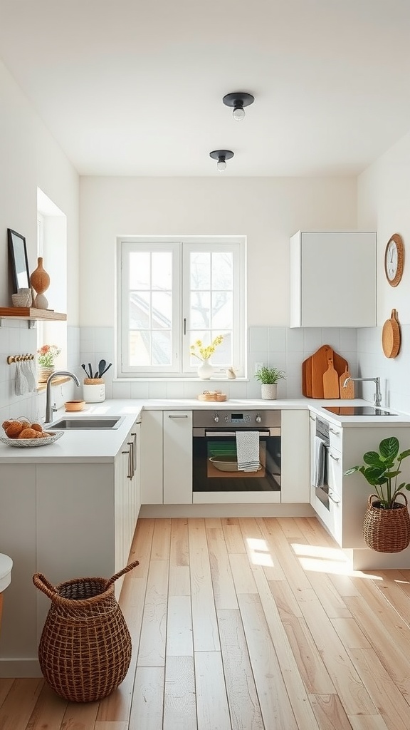 Scandinavian inspired white kitchen with natural wood elements and bright lighting