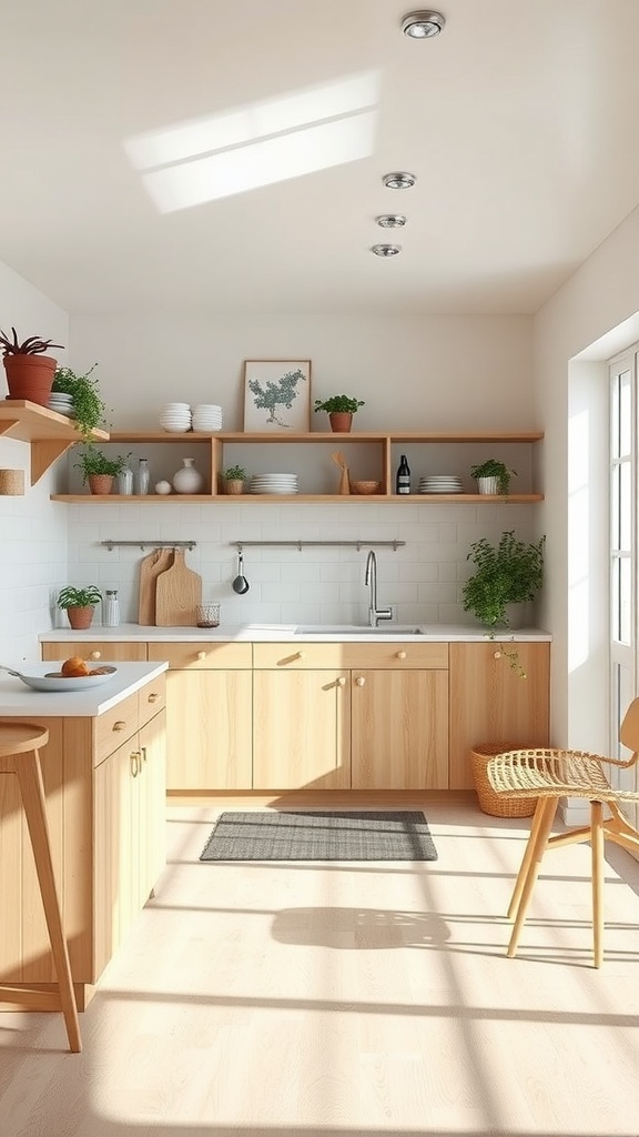 A bright and minimalist Scandinavian-style kitchen featuring wooden cabinets, open shelving with plants, and natural light.