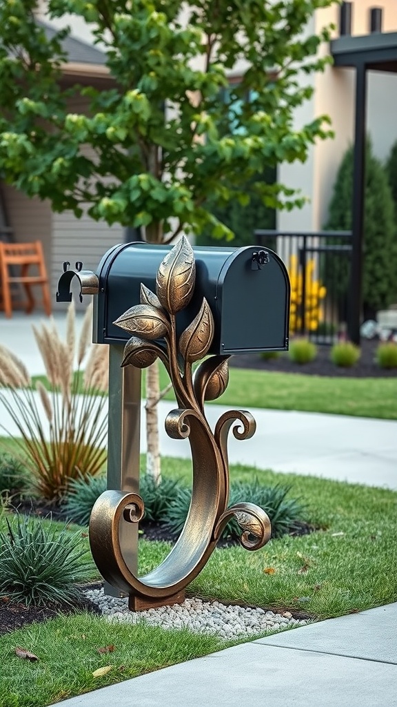 A decorative metal mailbox post with leaf designs, set in a landscaped yard.