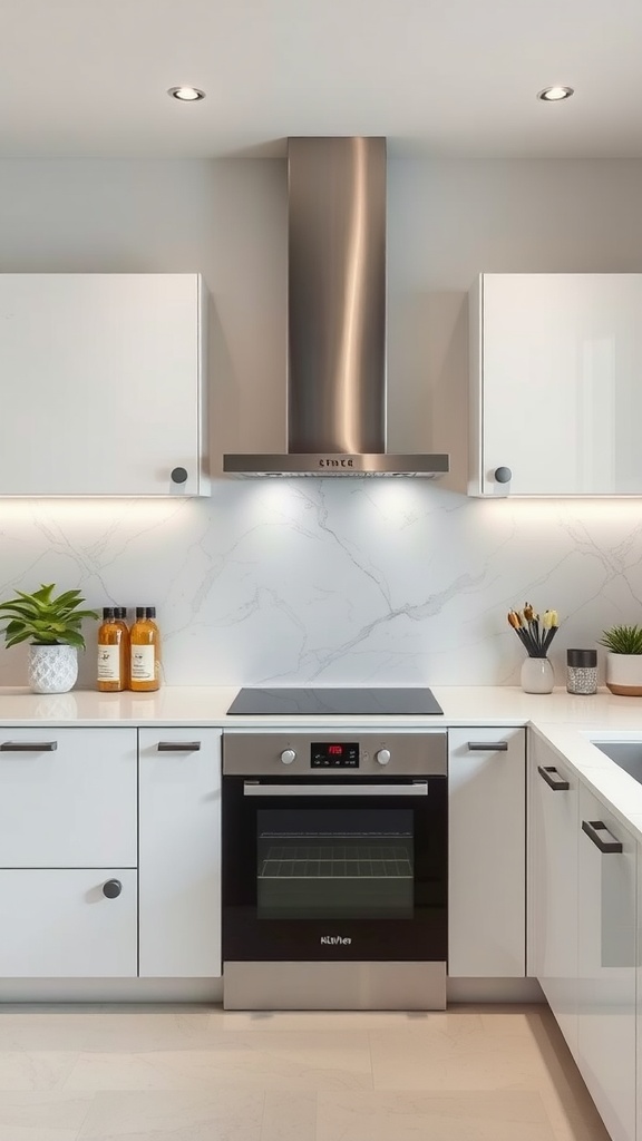 A modern kitchen featuring a seamless quartz backsplash, white cabinets, and stainless steel appliances.