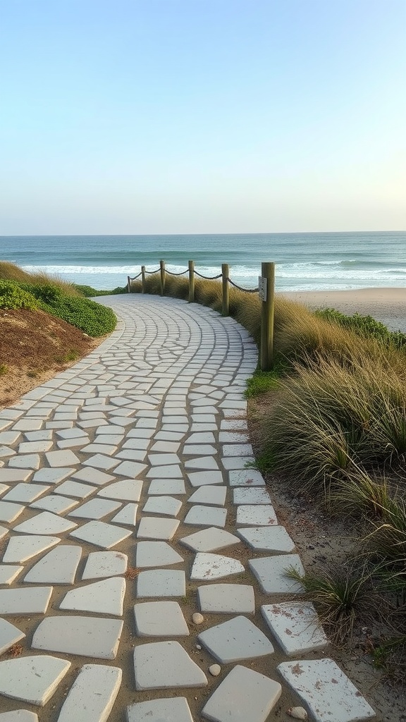 A winding flagstone walkway leading to the seaside with green grass on the sides.