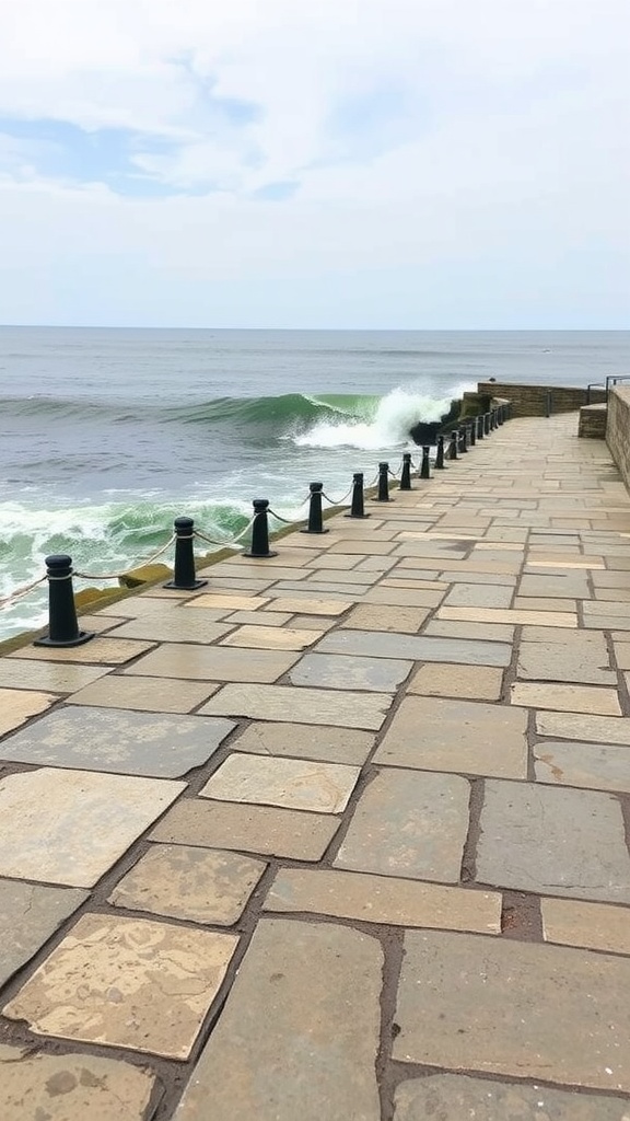 A stone walkway by the seaside with ocean waves and black posts