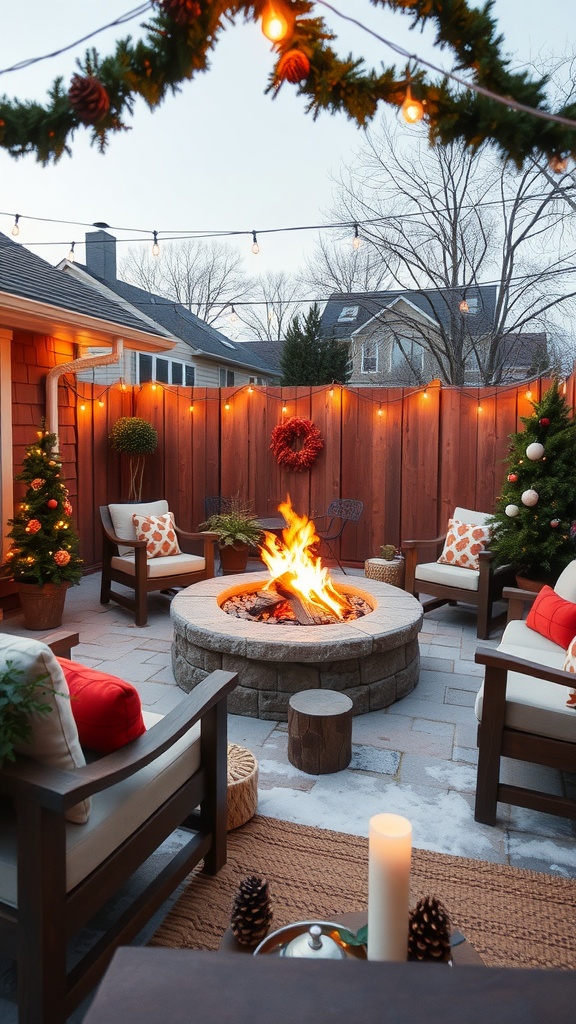 Cozy fire pit area decorated for the season with string lights, cushions, and evergreen plants.